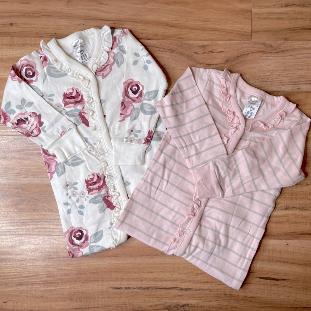 Set of 2 Long Sleeve Sleepers - Modern Moments by Gerber. Roses and Stripes.